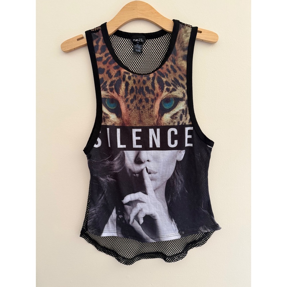 Rue21 Womens XS Silence Leopard Graphic Mesh Back Tank Top Black Streetwear